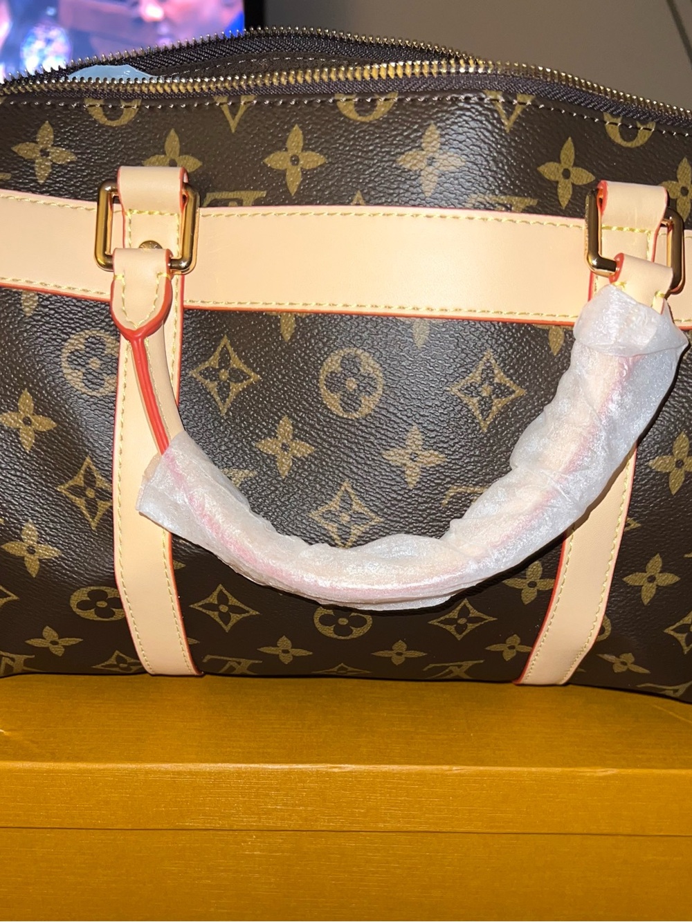 Monogram Canvas Satchel in Brown and Cream with Gold Hardware